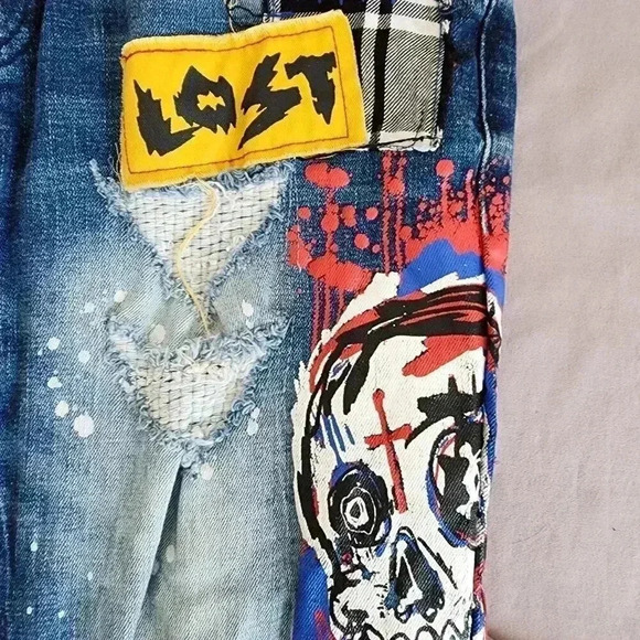 Distressed Denim Jeans Skull Graphic Patches Slim Fit Style - Picture 3 of 6